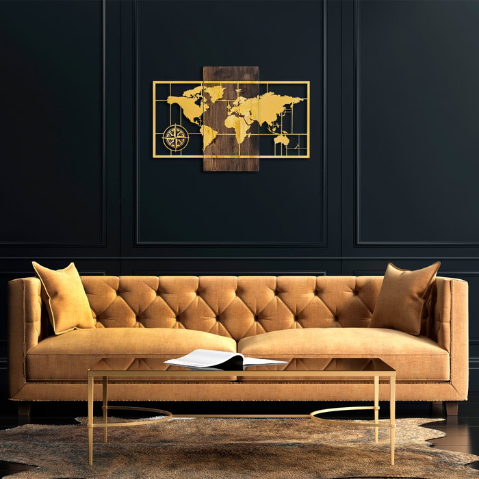 Wallity World Map With Compass - Gold Wallity World Map With Compass - Gold